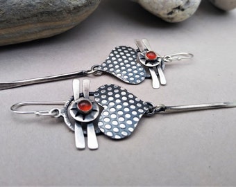 Silver heart dangle earrings, artisan earrings, dangle boho earrings, carnelian earrings