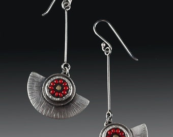 Boho bead dangle, long bead dangle, oxidized dangle, colorful boho dangle, silver fan earrings, mixed-media earring, mosaic dangle