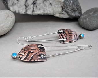 Turquoise dangle earrings, mixed-metal earrings, tribal earrings, copper and silver earrings, artisan earrings, modern minimalist earrings