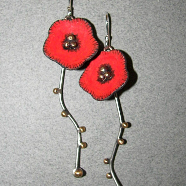 Bright orange-red poppy flower sterling silver and brass long drop earrings