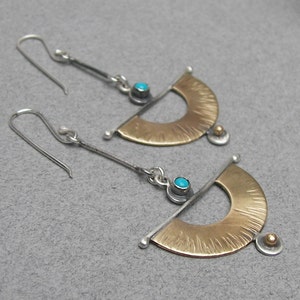 Long crescent earrings, dangling turquoise earrings, mixed metal earrings, artisan earrings, boho jewelry, drop earrings, fan earrings