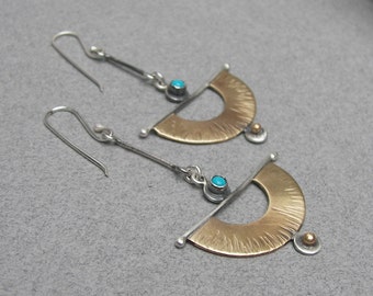 Long crescent earrings, dangling turquoise earrings, mixed metal earrings, artisan earrings, boho jewelry, drop earrings, fan earrings