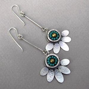Boho bead earrings, seed bead earrings, lotus dangle earrings, long boho silver earrings, mosaic earrings, flower earrings, tomlindesign
