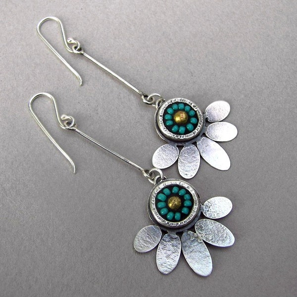 Boho bead earrings, seed bead earrings, lotus dangle earrings, long boho silver earrings, mosaic earrings, flower earrings, tomlindesign