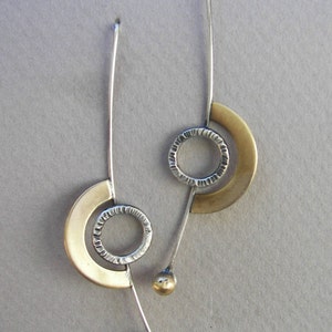 Long eclipse earrings, geometric earrings, statement jewelry, mixed metal earrings, modern earrings, artisan earrings, minimalist earrings image 2