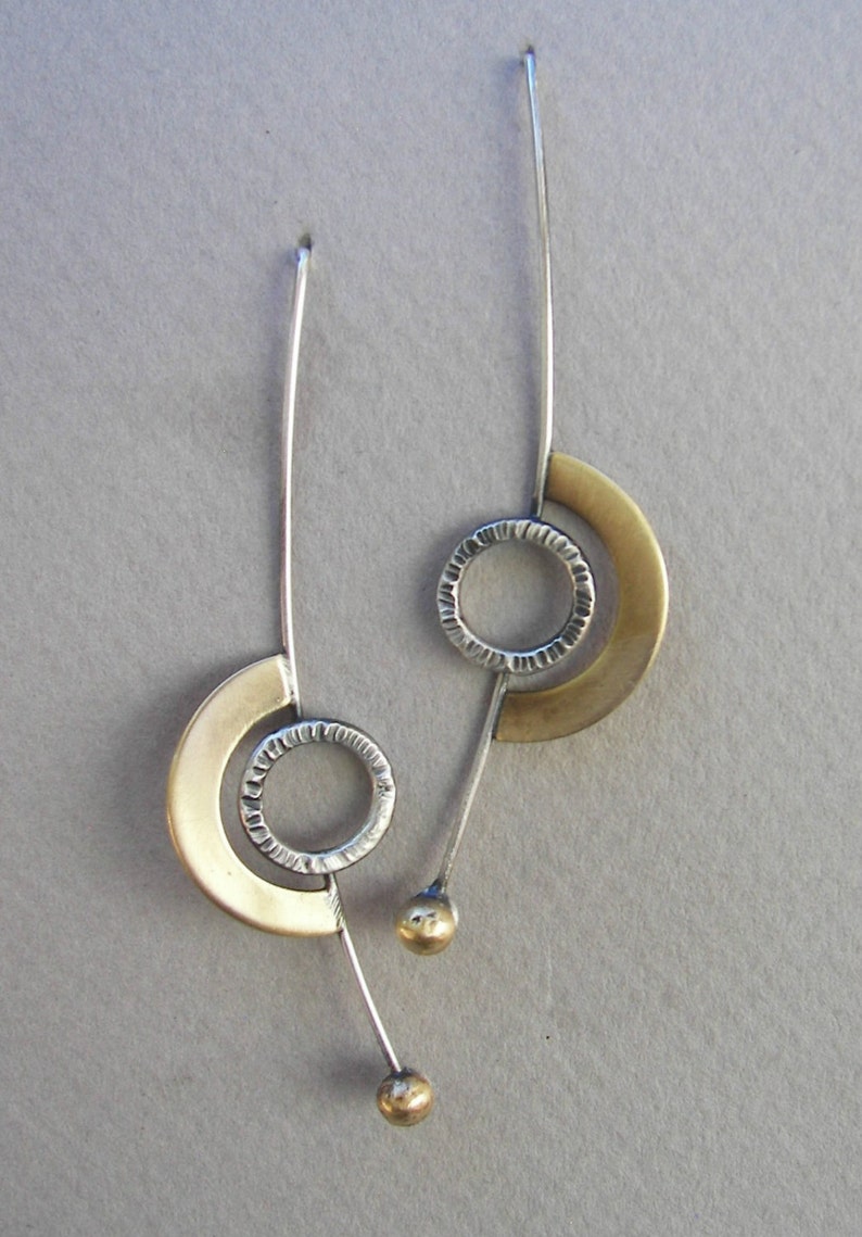 Long eclipse earrings, geometric earrings, statement jewelry, mixed metal earrings, modern earrings, artisan earrings, minimalist earrings image 2