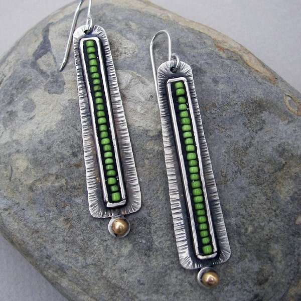 Long silver earrings, boho earrings, hammered dangle earrings, gypsy jewelry, seed bead earrings, green earrings, statement earrings