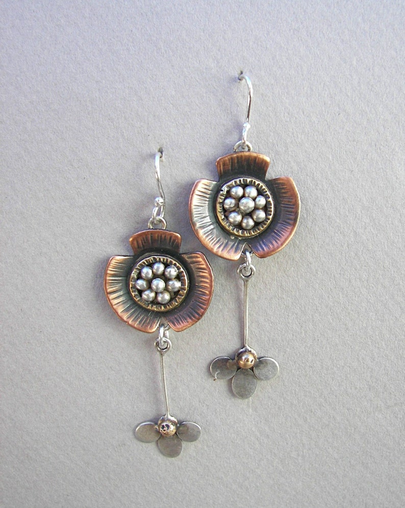 Mixed Metal Earrings Long Flower Earrings Dangle Earrings Etsy