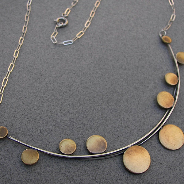 Architectural necklace: sterling-silver, modern, architectural necklace with cascading brass discs