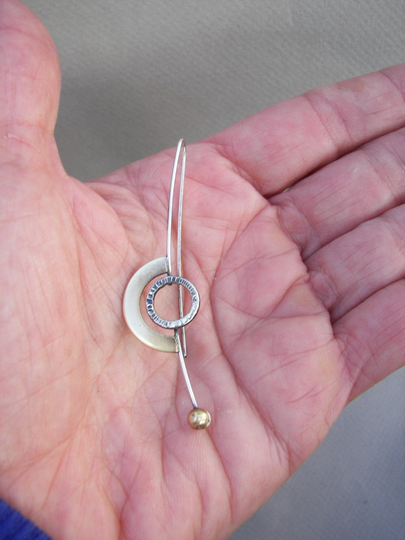 Long eclipse earrings, geometric earrings, statement jewelry, mixed metal earrings, modern earrings, artisan earrings, minimalist earrings image 4