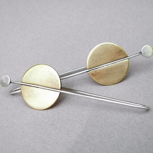 Art deco dangling earrings; long silver and brass contemporary earrings; urban mixed metal deco disc earrings; architectural brass earrings