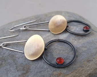 Minimalist hoop earrings, modern gemstone earrings, mixed metal earrings