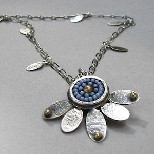 Handcrafted blue lotus flower sterling silver and beaded necklace