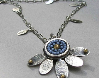 Handcrafted blue lotus flower sterling silver and beaded necklace