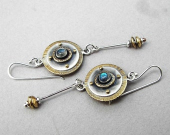 Sterling silver, brass, labradorite earrings, dangling art deco earrings, long gemstone earrings, disc dangling earrings, romantic earrings
