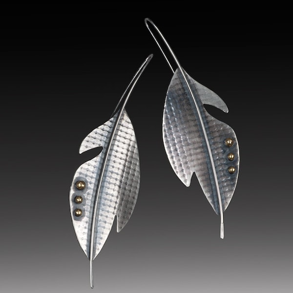 Silver feather architectural earrings: long, bold sterling silver and brass feather earrings