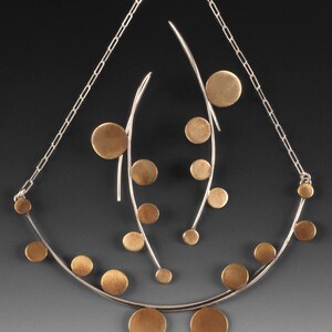 Architectural necklace: sterling-silver, modern, architectural necklace with cascading brass discs image 2