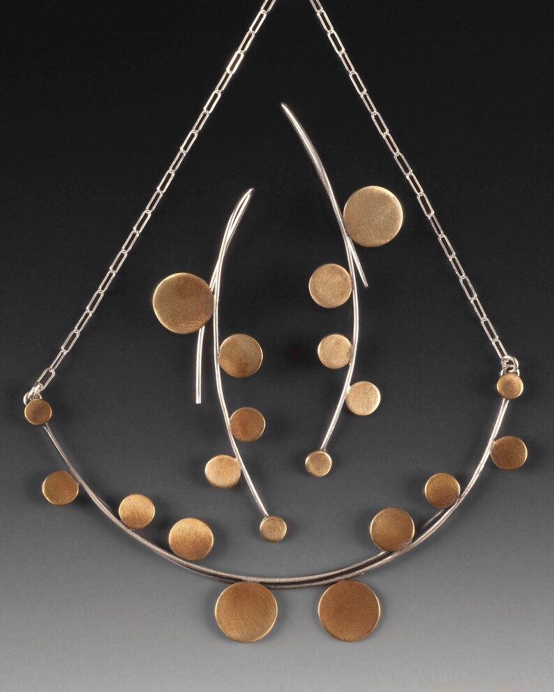 Architectural necklace: sterling-silver, modern, architectural necklace with cascading brass discs image 2