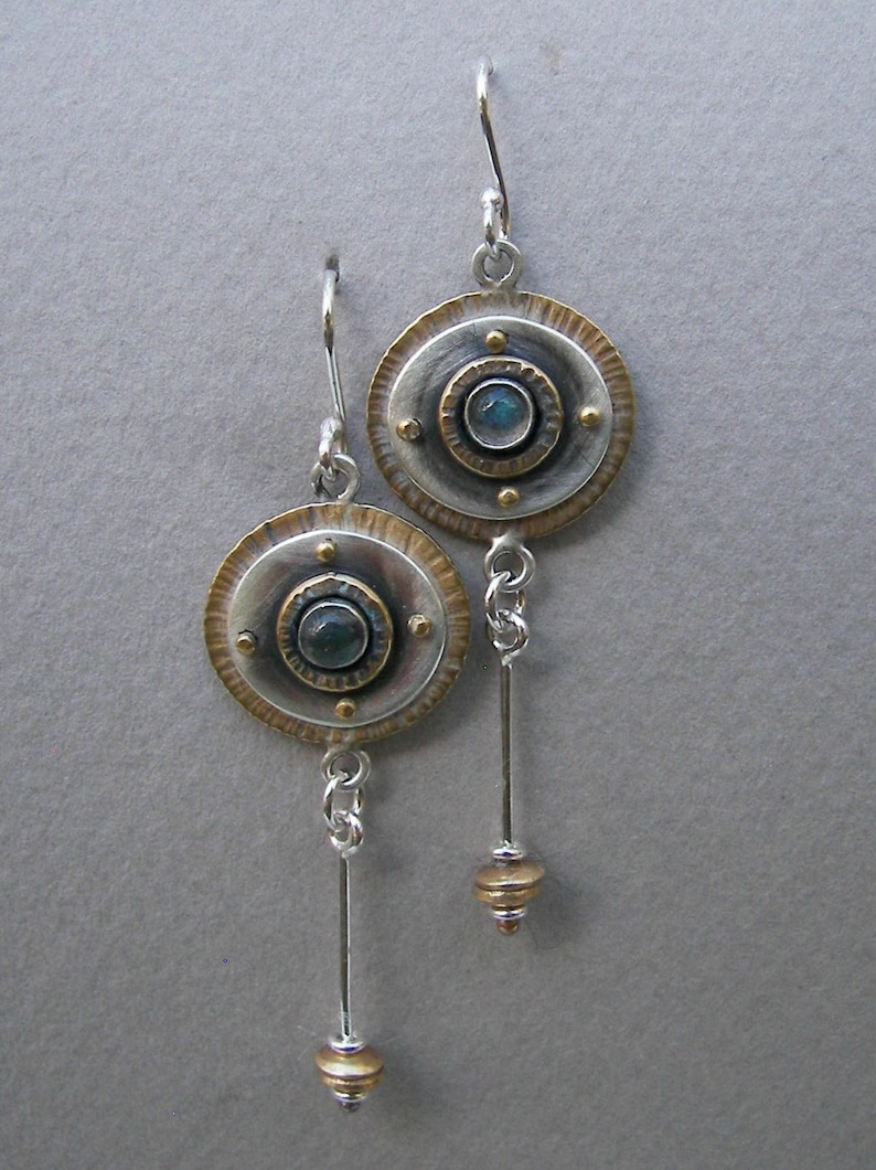 Sterling silver, brass, labradorite earrings, dangling art deco earrings, long gemstone earrings, disc dangling earrings, romantic earrings image 2