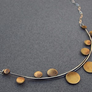 Architectural necklace: sterling-silver, modern, architectural necklace with cascading brass discs image 3
