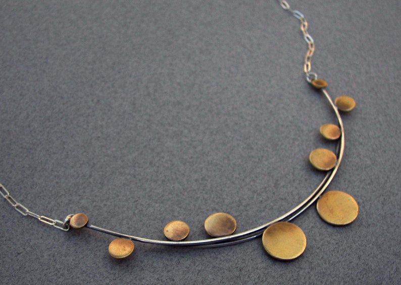 Architectural necklace: sterling-silver, modern, architectural necklace with cascading brass discs image 3