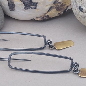 Long minimalist earrings, rectangular, oxidized silver and brass, unique black and brass, organic, handmade, urban style, hammered