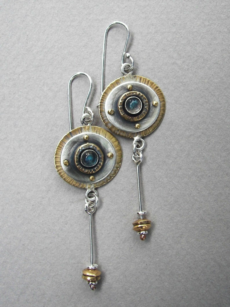 Sterling silver, brass, labradorite earrings, dangling art deco earrings, long gemstone earrings, disc dangling earrings, romantic earrings image 4