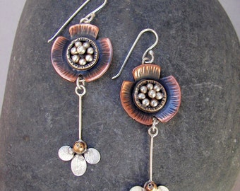 Mixed metal earrings, long flower earrings, dangle earrings, rustic earrings, copper earrings, nature jewelry, drop earrings, earthy jewelry