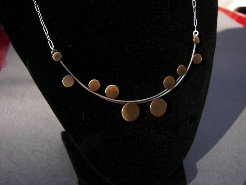 Architectural necklace: sterling-silver, modern, architectural necklace with cascading brass discs image 4