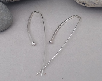 Silver open-hoop earrings, minimalist drop earrings, sterling threader earrings, modern earrings, elegant earrings, artisan jewelry