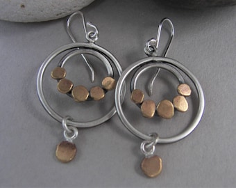 Hoop earrings, boho dangle earrings, mixed metal earrings, artisan earrings, drop nested circle earrings, silver and brass earrings
