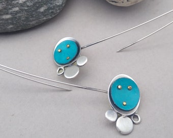 Long minimalist earrings, unique earrings, modern flower earrings, turquoise earrings, elegant lightweight earrings, handmade, artisan