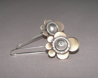 Long flower earrings; architectural silver/brass dangling earrings; modern flower jewelry; artisan brass earrings; modern flower earrings
