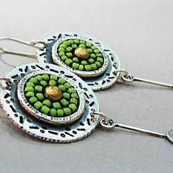 Boho earrings, beaded earrings, bohemian jewelry, green earrings, hippie earrings, gypsy earrings, beadwork jewelry, Western earrings