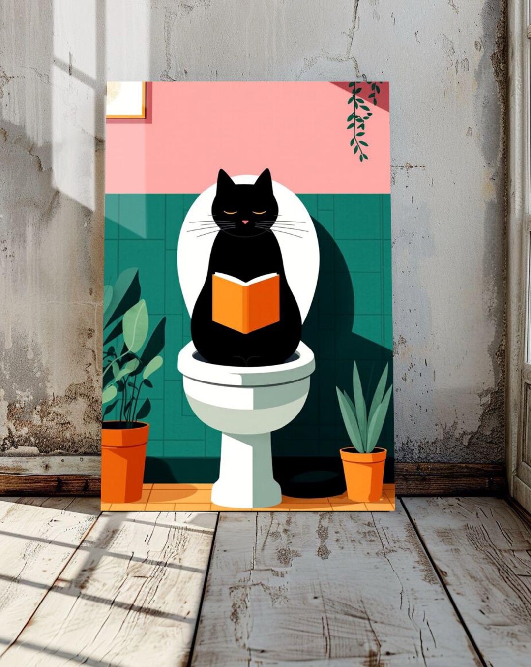 Funny Black Cat on Toilet – Glossy Metal Poster, Bathroom Wall Art, Cat ...