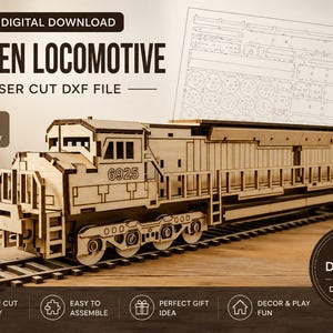 Könnte beinhalten: Ein lasergeschnittenes Holzlokomotiven-Modell auf Schienen mit der Nummer 6925 an der Seite. Das Bild enthält den Text: DIGITAL DOWNLOAD, WOODEN LOCOMOTIVE, LASER CUT DXF FILE, DXF FILE FORMAT und DXF FILE INSTANT DOWNLOAD mit Symbolen.