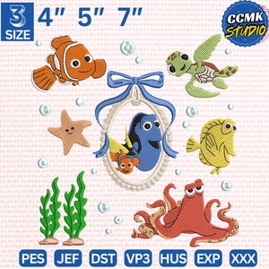 Peut inclure: Motifs brodés sur le thème de l'océan, avec des personnages de dessins animés, dont un poisson-clown, une étoile de mer, une tortue de mer et une pieuvre. Les motifs varient en taille, le plus grand mesurant 17,78 cm. Le texte "CCMK STUDIO" est également inclus.