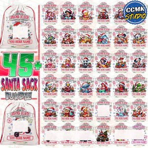 45+ Anpassade tecknade julklapps-PNG-paket, Roliga julklappssäckdesigner, Lägg till barnnamn Personlig julklapps-PNG, Utskrivbar tygkasse
