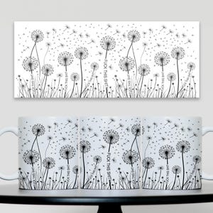 May include: White ceramic coffee mugs with a black and white dandelion design. The phrase "FUCK THIS SHIT" is printed on the dandelions. The mugs are set against a matching background with a dandelion illustration.