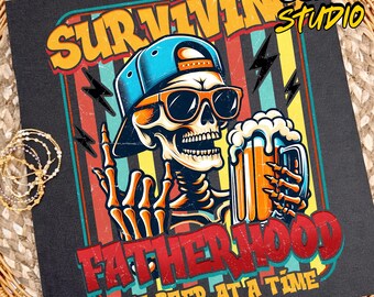 Surviving Fatherhood One Beer At A Time Png, Father's Day Png, Funny Dad Png, Birthday Dad Png, Retro Father Png