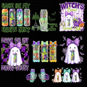 May include: Halloween-themed designs on a black background. The image features beverage can designs with spooky graphics, ghosts, witch hats, and the text "Back on My Brew Shit" and "Witch's Brew Social Club".