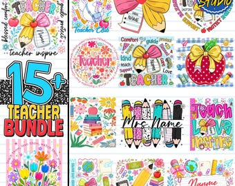 Personalized Teacher Bundle Png, Preppy Teacher Pencil Coquette Bow Doodle Png, Custom Teacher Name Png, Preppy Teach Love Inspire Png