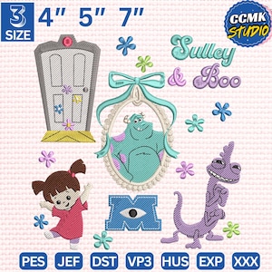 Puede incluir: Diseños bordados con personajes de la película Monstruos S.A. Incluye a Sulley, Boo y Randall. Los diseños son de varios tamaños, incluyendo 10,16 cm, 12,7 cm y 17,78 cm. La imagen también incluye el texto "Sulley & Boo".