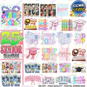 May include: A digital bundle featuring various designs for senior year celebrations. Includes graphics with the text "Senior 2026", graduation caps, Disney characters, and baseball-themed elements. High-quality digital download.