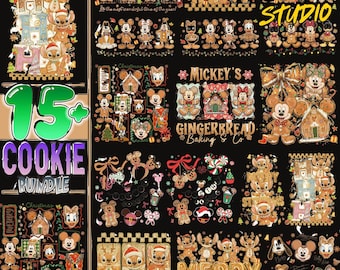 May include: A collection of Christmas-themed digital designs featuring gingerbread characters, including Mickey Mouse, Stitch, and other Disney characters. The designs include the text "15+ Cookie Bundle", "Mickey's Gingerbread Baking & Co", and "Merry Stitchmas".