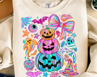 Neon Colorful Pumpkin Ghost PNG, Preppy Coquette Halloween Bow Png, Fall Bat Ghost PNG, Cute Spooky Season PNG, Trendy Halloween Clipart