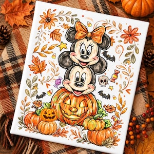 Puede incluir: Un lienzo rectangular con una ilustraci&oacute;n apilada de dos ratones de dibujos animados, donde el rat&oacute;n superior lleva un lazo naranja. Est&aacute;n sentados sobre una gran calabaza rodeada de calabazas m&aacute;s peque&ntilde;as, hojas de oto&ntilde;o, murci&eacute;lagos, dulces y una calavera.