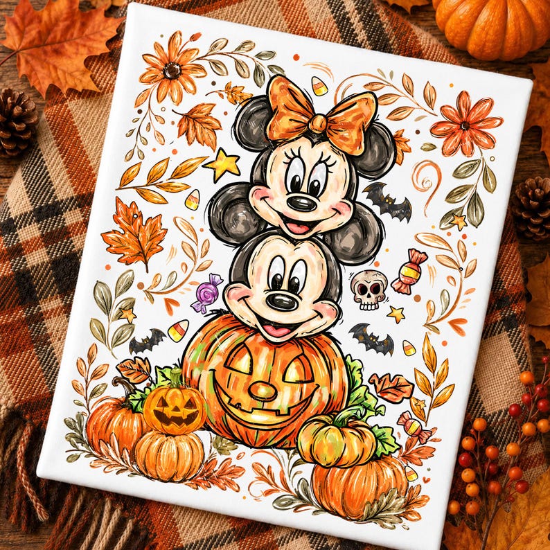 Puede incluir: Un lienzo rectangular con una ilustraci&oacute;n apilada de dos ratones de dibujos animados, donde el rat&oacute;n superior lleva un lazo naranja. Est&aacute;n sentados sobre una gran calabaza rodeada de calabazas m&aacute;s peque&ntilde;as, hojas de oto&ntilde;o, murci&eacute;lagos, dulces y una calavera.