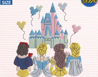 Borduurontwerp Magical Kingdom, borduurontwerp magische kasteel prinses, retro prinses familie borduurbestand, Instant Download
