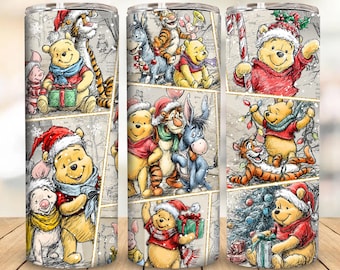 May include: A stainless steel tumbler featuring a collage of Winnie the Pooh and friends in festive holiday attire. The design includes characters like Pooh, Piglet, Tigger, and Eeyore, with Santa hats and Christmas gifts. The background has a vintage map design.